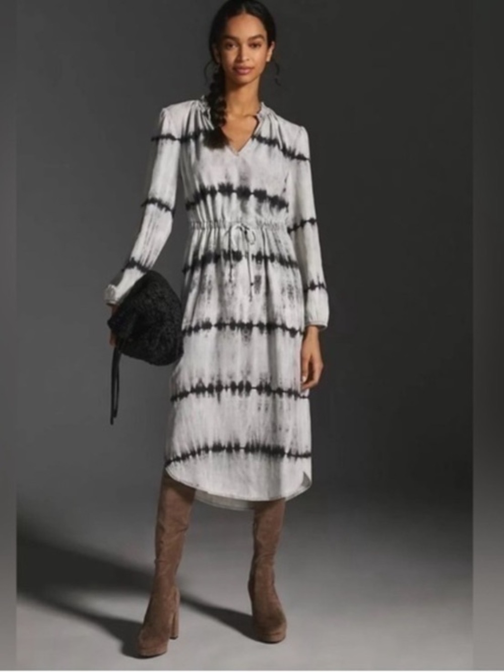 Anthropologie Cloth & Stone Gray/Black Long Sleeve Striped Midi Dress Large